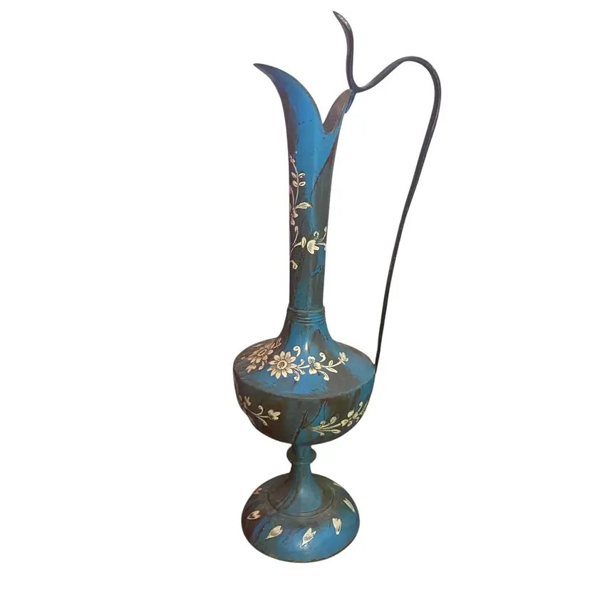 This item is a vintage Israel tin and brass ewer, featuring a blue enamel finish with gold-toned floral accents and a unique tall handle