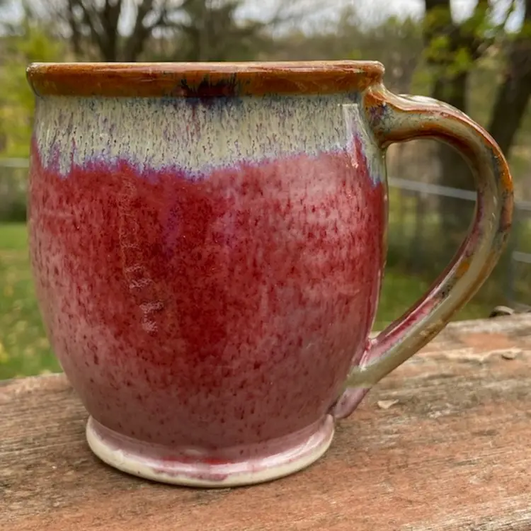 Studio Pottery Mug, Red Berry Color With Drip Glaze. 4”h x 5”w Including Handle. 13 Ounces. Artist Signed.
