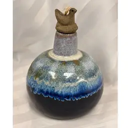 Flat Earth Studio Art Pottery Oil Lamp With Bird, Signed By Sisal, 1986