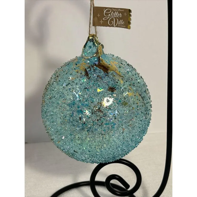Aqua Blue with Gold Glitter Textured Christmas Ornament by Glitter Ville ~ New with Tags
