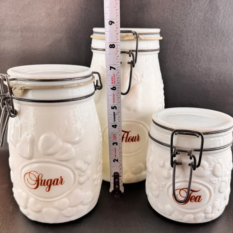 Vintage Wheaton Milk Glass Kitchen Canisters Set Of 3 Fruit Embossed
