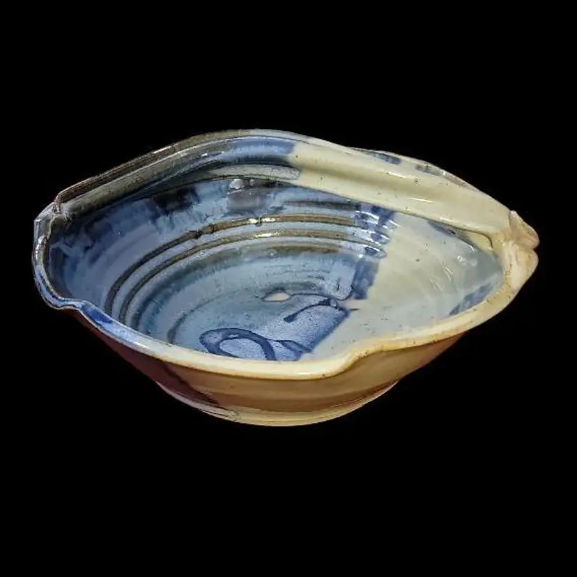 Sale! Artisan Pottery Basket Hand Made Abstract Gorgeous Blue Glaze Handle Signed