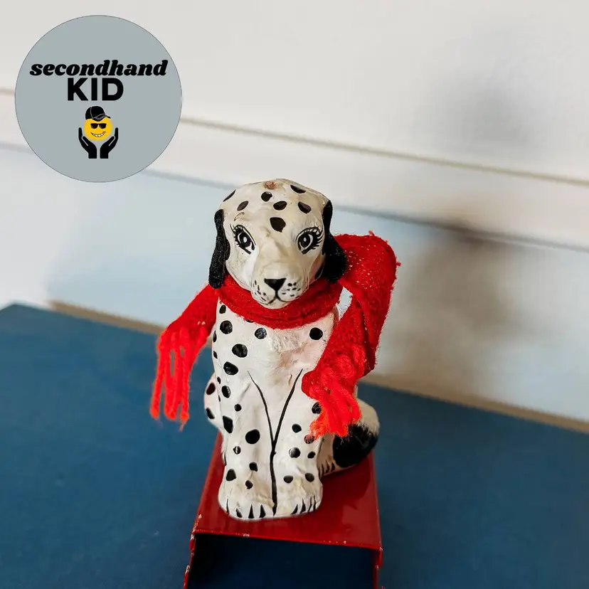 SK - Vintage Paper Mache Dalmatian Dog on Red Metal Sled Christmas Decoration