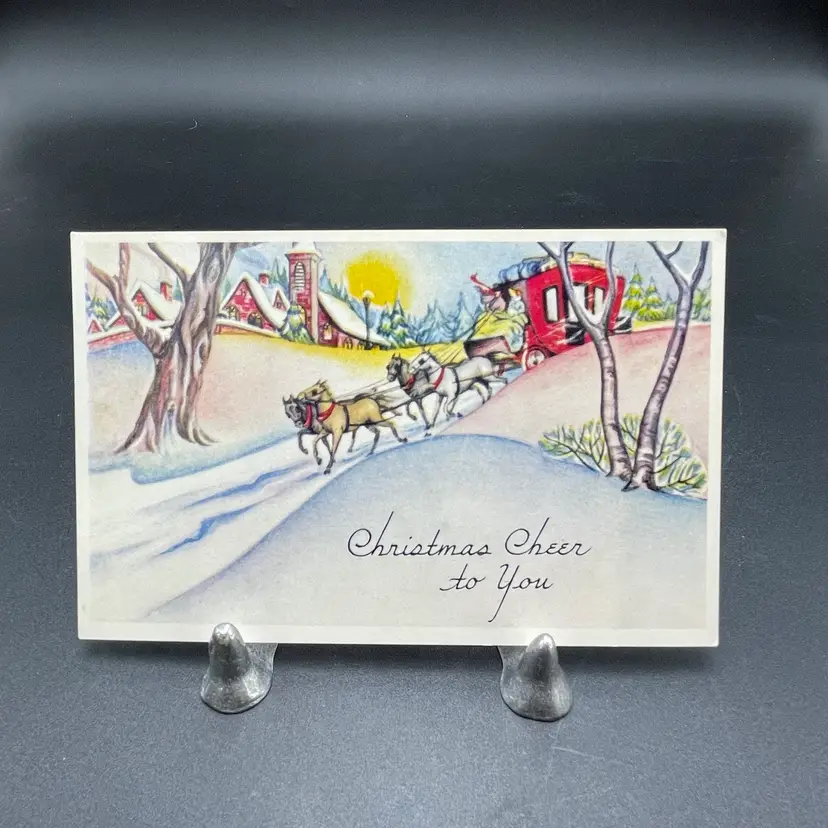 Christmas Cheer To You Unused Postcard VTG Ephemera Horses Stagecoach Winter