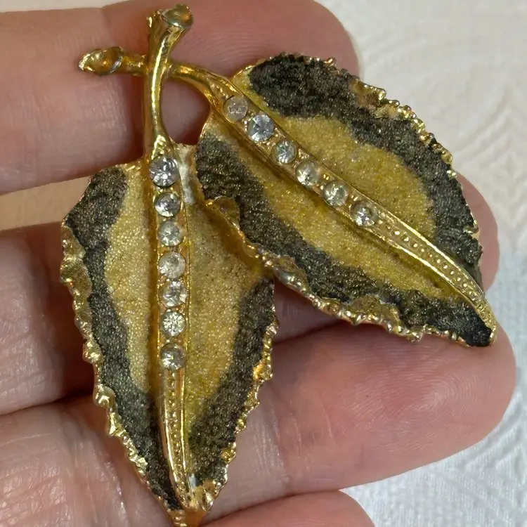 Vintage Gold Tone Double Green And Goldfish Enamel Leaf Brooch With Rhinestone Accents
