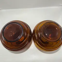 Set Of 2 MCM Amber Glass Beehive Vases with Decorative Rim Marked USA