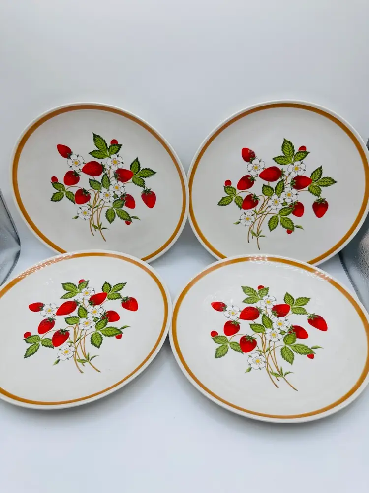 Vintage Strawberries N Cream Stoneware Dinner Plates-Made In Japan- Set Of 4