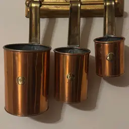 Vintage Made in England Brass Handled Hanging Copper Measuring Jugs Cups Set