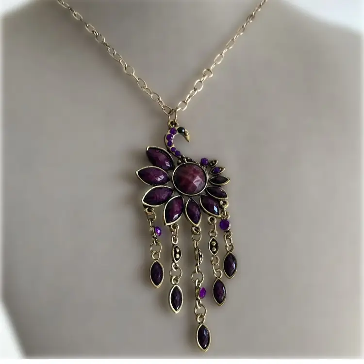 Vintage Gold and Purple Stone Peacock Pendant Necklace