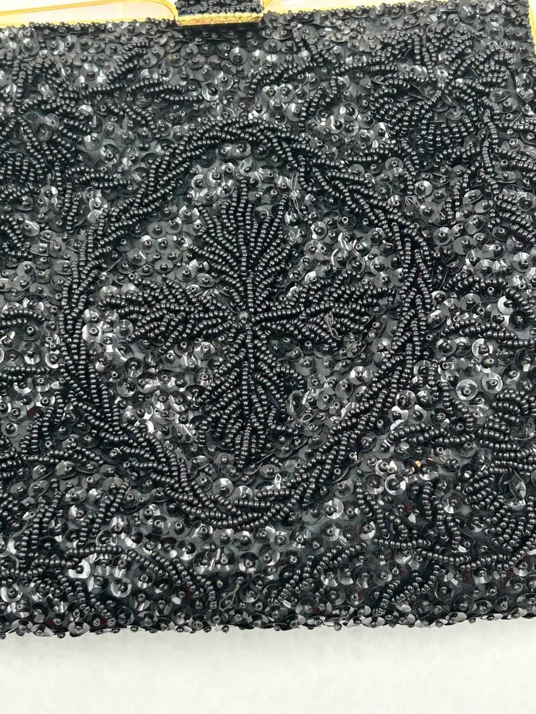 Vintage Vivant By Sarne Black Beaded & Mother Of Pearl Purse Italian Beads, Hong Kong