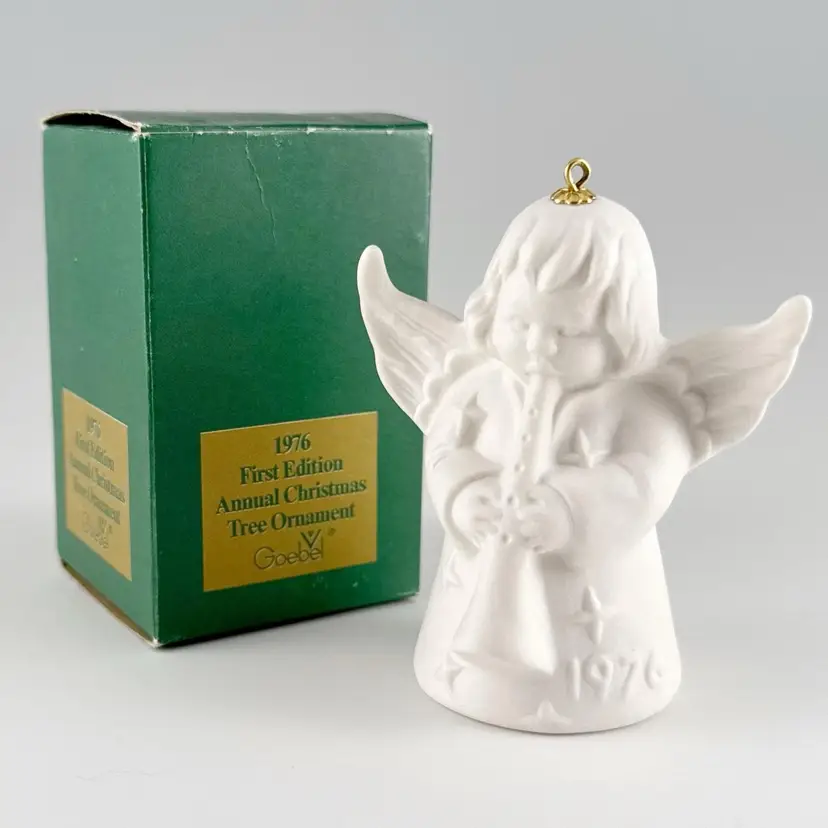 Goebel 1976 Angel Bell Playing Horn Christmas Ornament, White Bisque Porcelain, Vintage Made in Germany