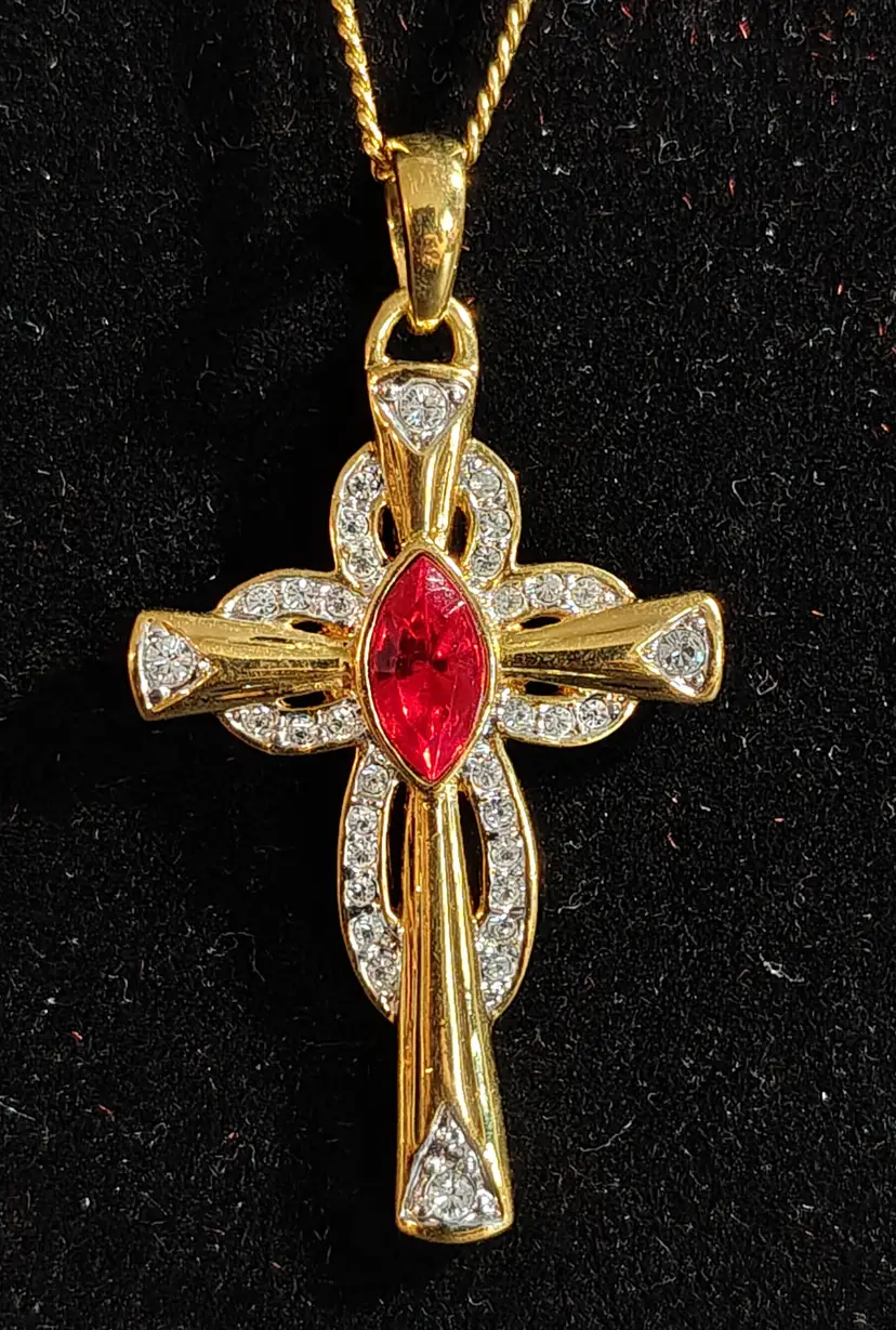 JACKIE KENNEDY CAMROSE & KROSS,  RUBY CZ CROSS PENDANT & CHAIN