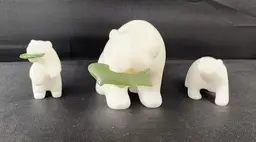 3 Hand Carved White Marble Polar Bears with Cassiar Jade Fish