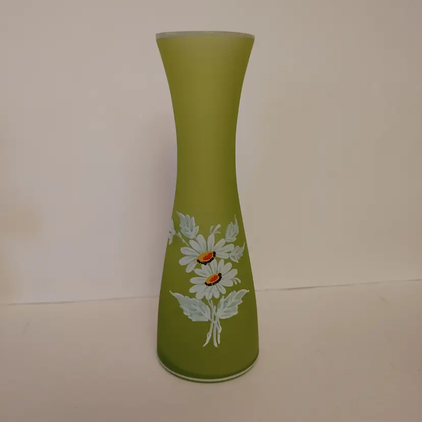 Westmoreland Green satin glass Vase with floral design. 1970's. No chips.