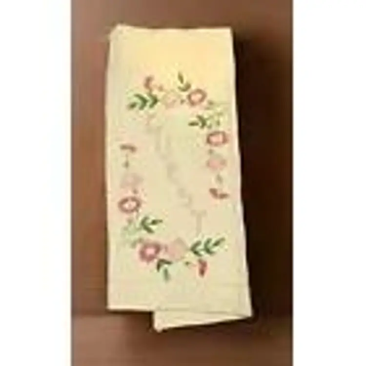Vintage Linen Guest Towel Embroidered Floral Flowers Beige Hemstitch