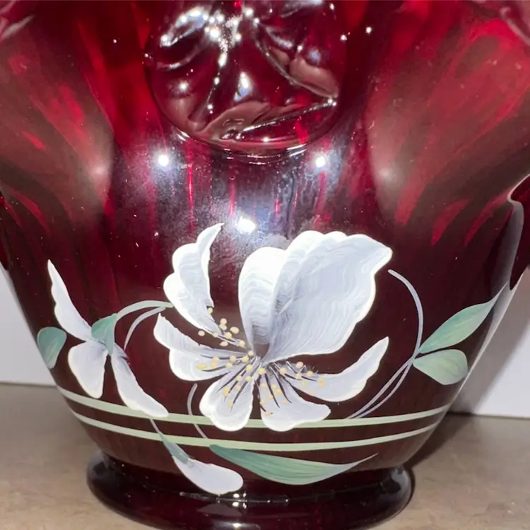 UV Reactive Fenton Ruby Red Hand painted & Signed Ribbed Basket Planter Vase