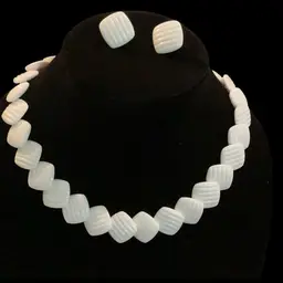 Vintage Avon  Square White Ribbed Lucite Necklace With Matching Clip On Earrings. 1970s