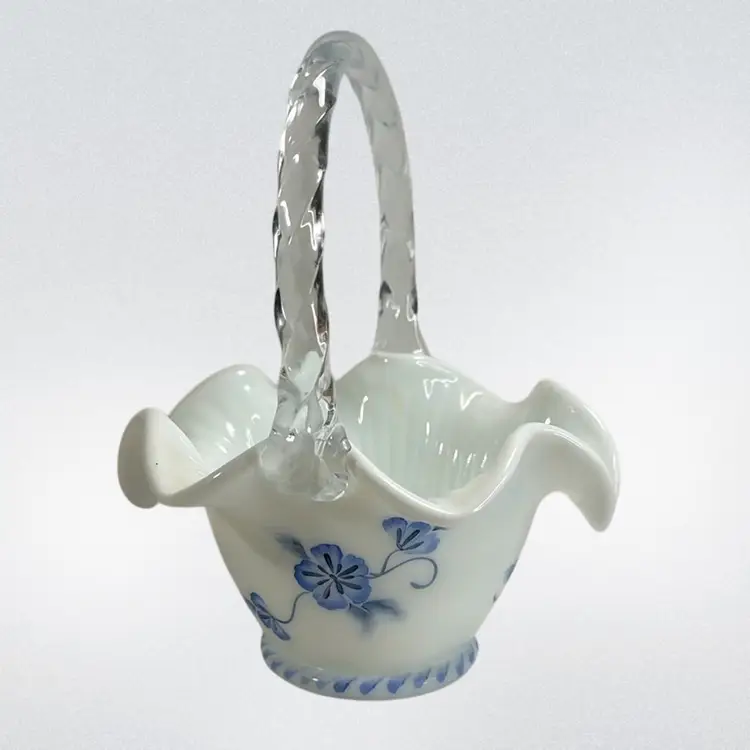 Fenton Milk Glass Basket with Hand Painted Blue Floral Design 7” x 8.25”