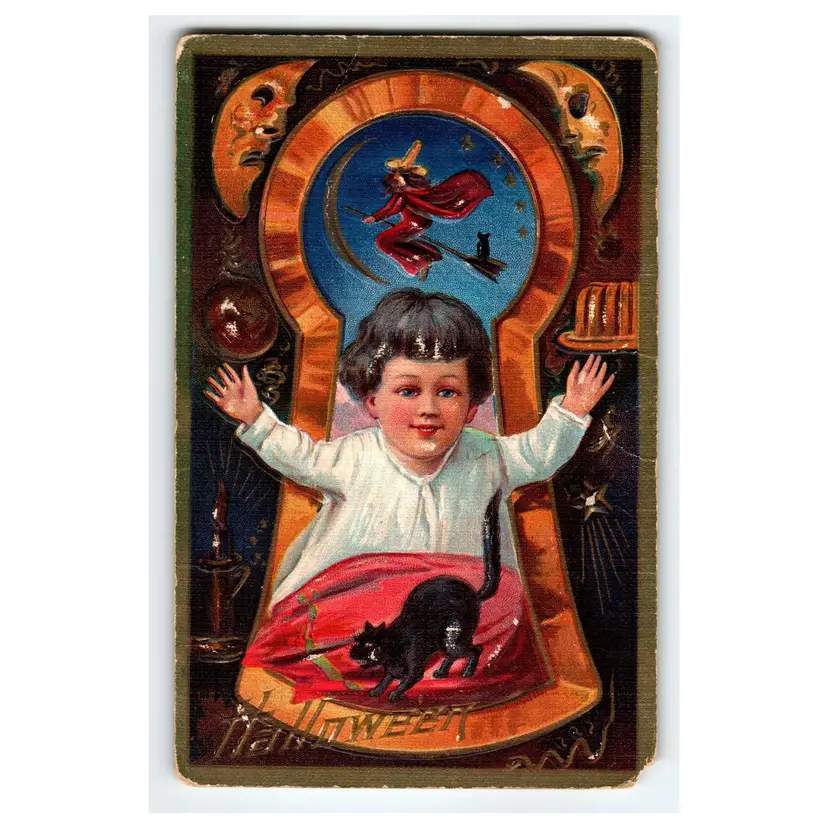 Halloween Postcard Girl At Keyhole Fantasy Witch Cat Moon Faces Nash Series 3