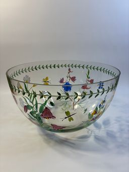 Williamsburg Botanical Romanian Hand-Painted Glass Bowl 5.75” X 9.75”