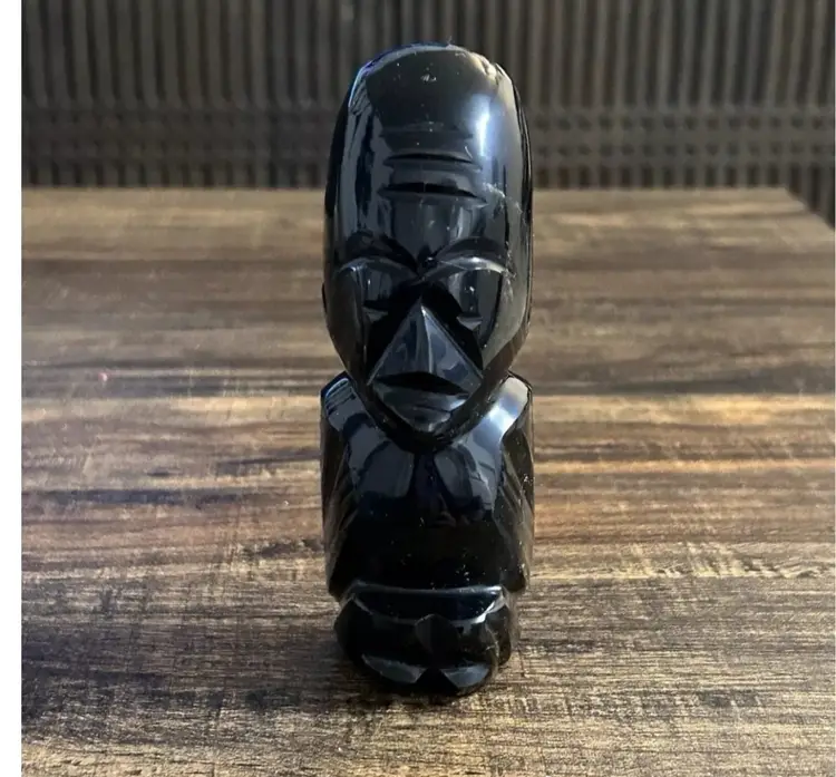 Black Onyx Obsidian Hand Carved Statue Aztec Mayan Stone Figure Tiki 4.5