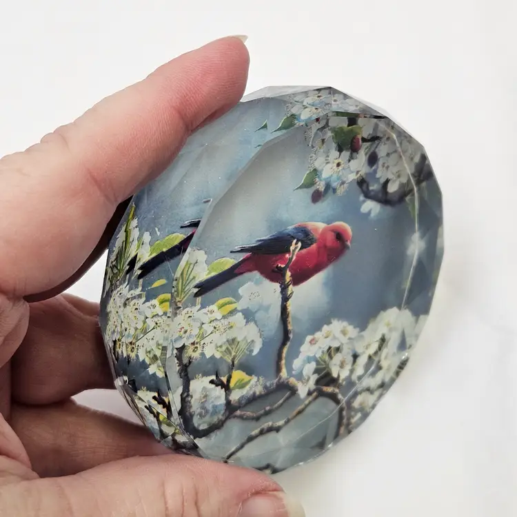 Faceted Crystal Glass & Red Bird Paperweight
