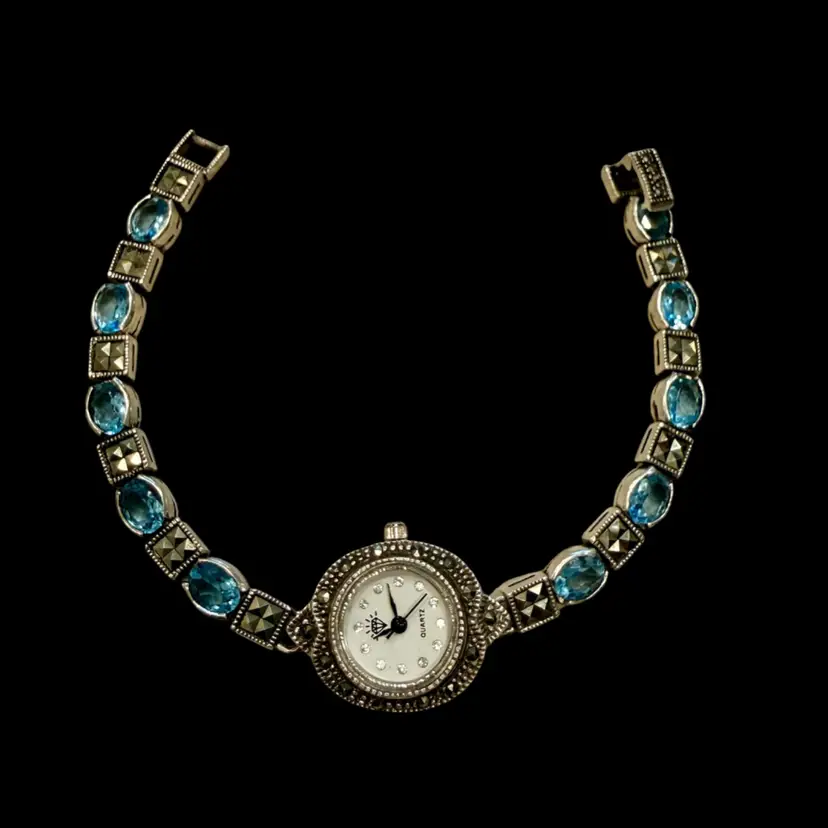 Vintage 1980’s Sterling Silver Blue Faceted Gemstone & Marcasite Japan Quartz Movement 7.5” Watch 25.1g, Working