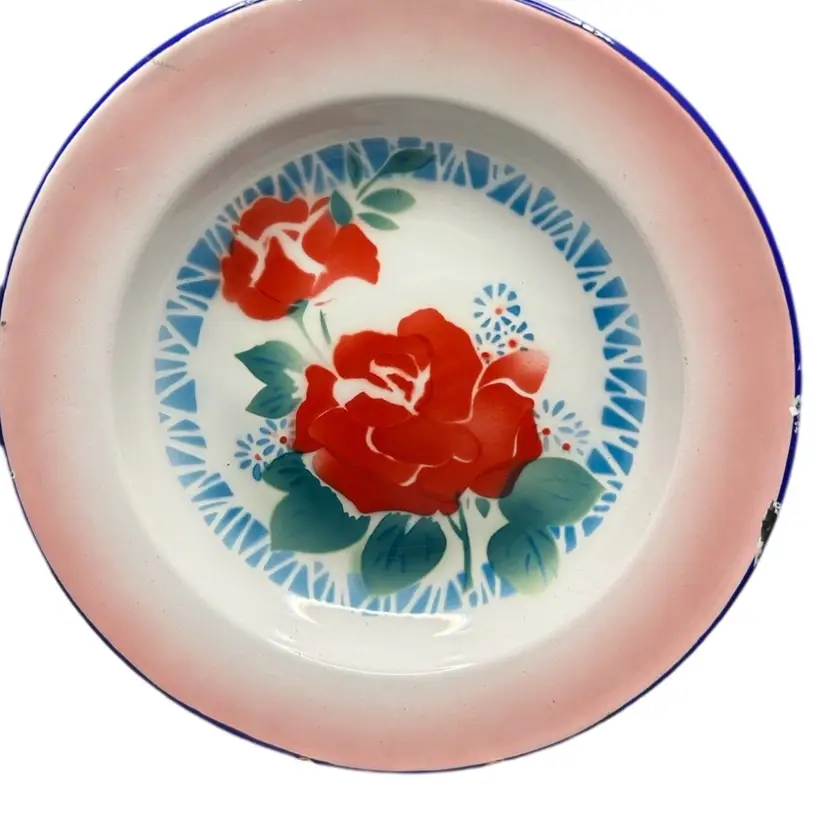 Vintage Enamel Rose Dish Marking On Back Faded Some Chipping On Edges
9 1/2x 1 1/2