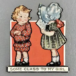 Antique Embossed Die Cut Valentine Card Some Class To My Girl 2 Children Bonnet 3.75"