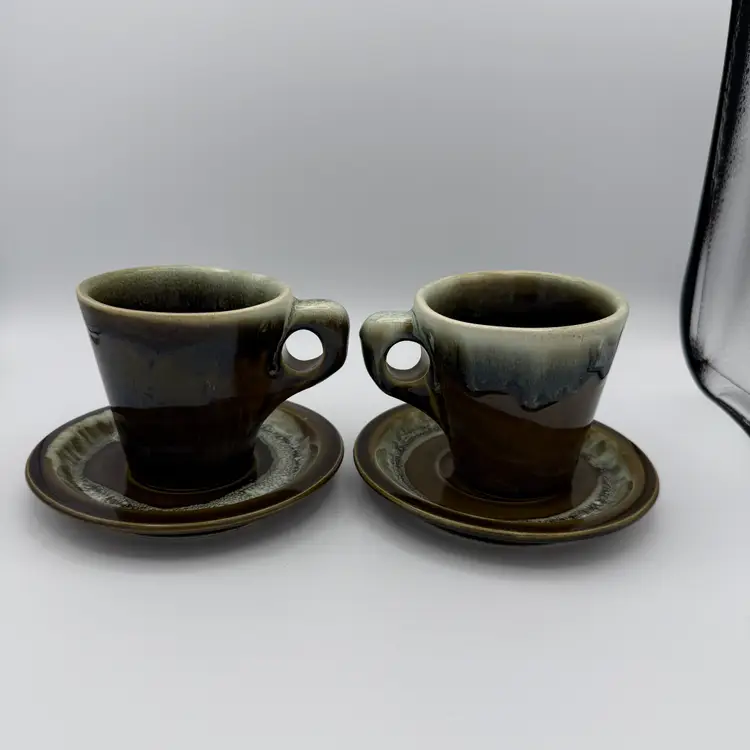 Green Drip Glaze Set of 2 Cups and Saucers