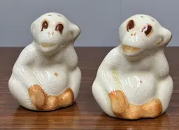 Vintage Monkey Salt & Pepper Shaker Pair Ceramic Cork Plugs 2 3/4" Tall