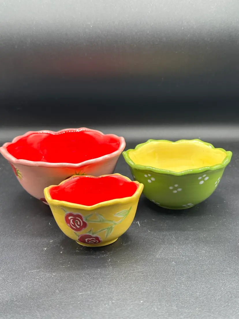 Pier 1 Imports Trio Of Hand Painted Earthenware Bowls Lot of 3