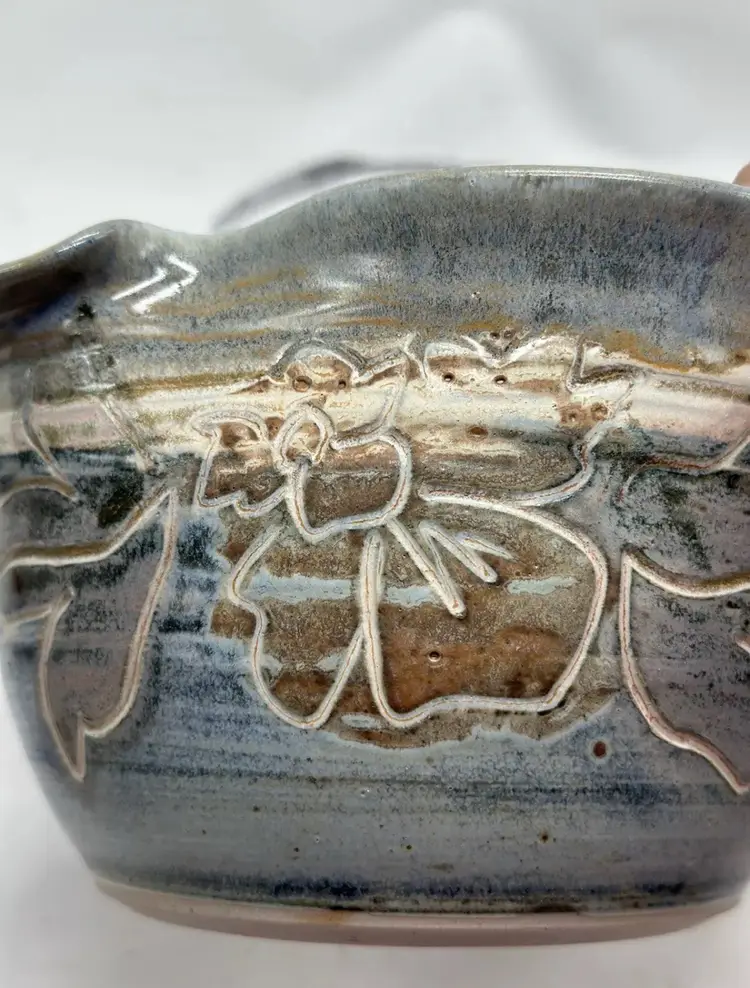 Cariaso Pottery SIGNED Batter Bowl w/ Spout Floral Design Hand Thrown