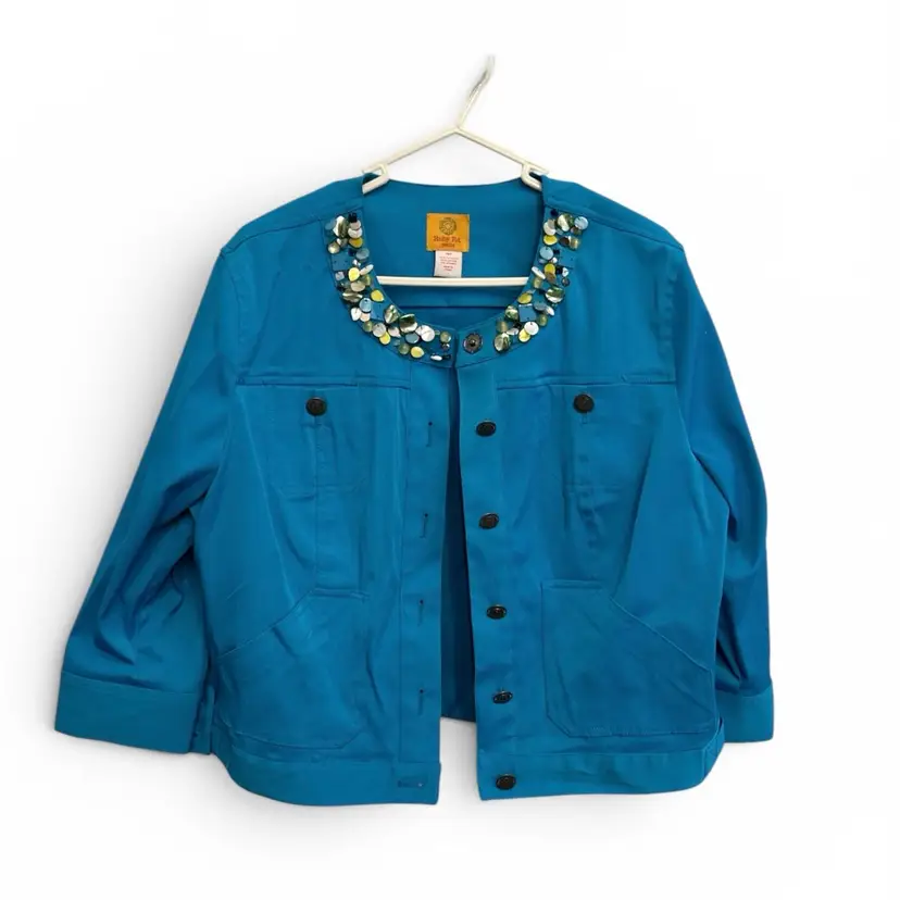 Ruby Rd Womans Size 16P Bright Turquoise Stretch Embellished Jacket