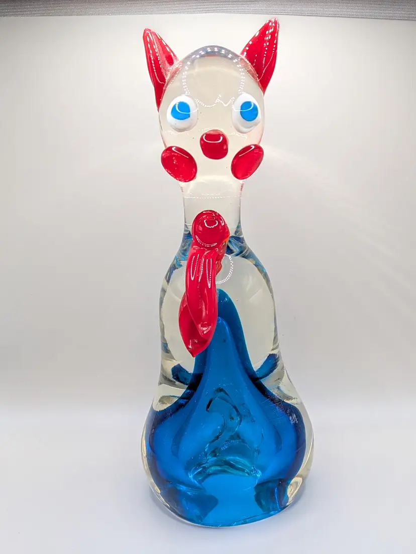 Italian Murano Venetian Art Glass Hand Blown Red White Blue Sommerso Cat HUGE