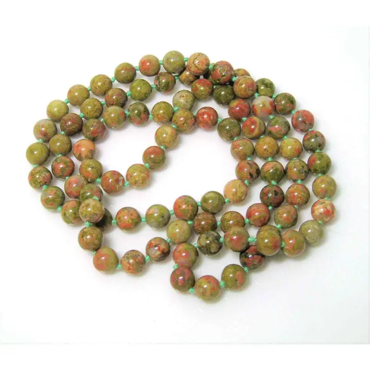 VTG 32" UNAKITE 89 BEADS NECKLACE 7mm Red Jasper & Green Epidote Bead Knotted