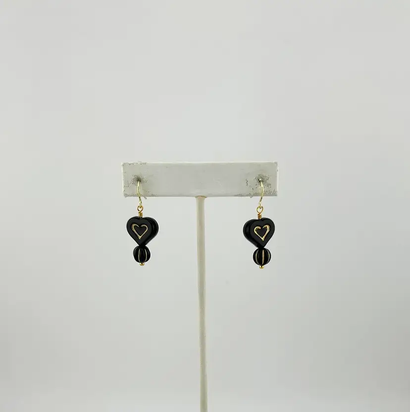Black and Gold Tone Acrylic Czech Heart Bead Pierced Earrings 1.25”