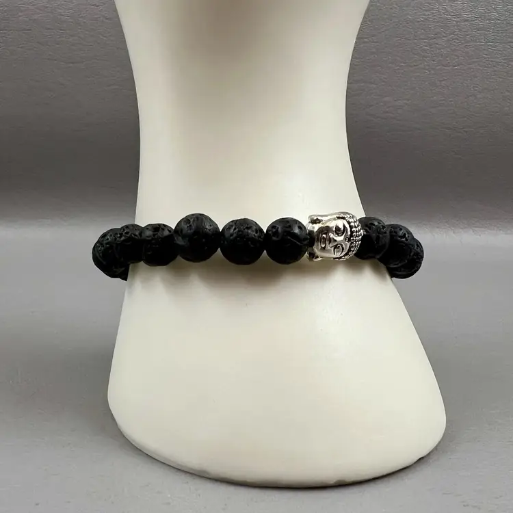 Textured Black Beaded Stretch Bracelet Silver Tone Buddha Head 3" Good Luck