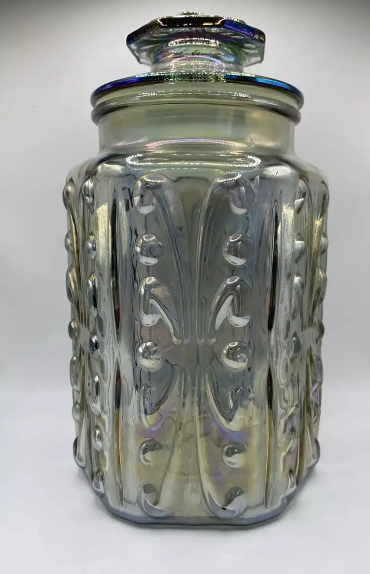 Vintage LE Smith Imperial Atterbury Scroll Canister Jar Iridescent Carnival 9.5”