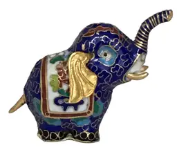 Cloisonne Enameled Elephant Figurine Blue Trunk Up