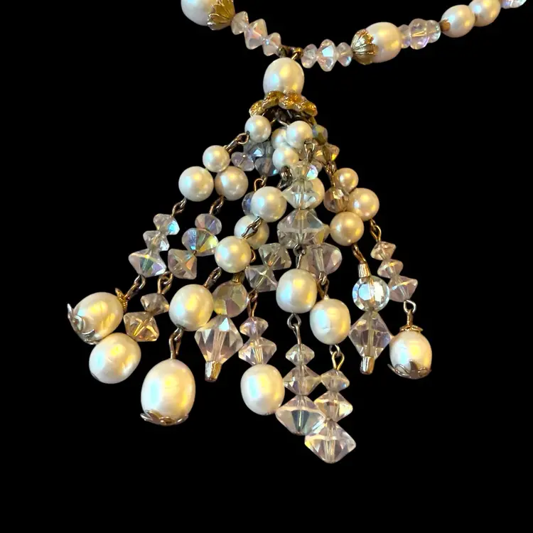 Vintage Faux Pearl & Clear Crystal Tassel Necklace