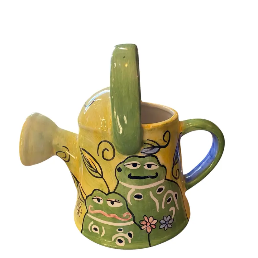 Watering Can Planter Frog Motif Ceramic Green Yellow & Blue Garden Nature Decor