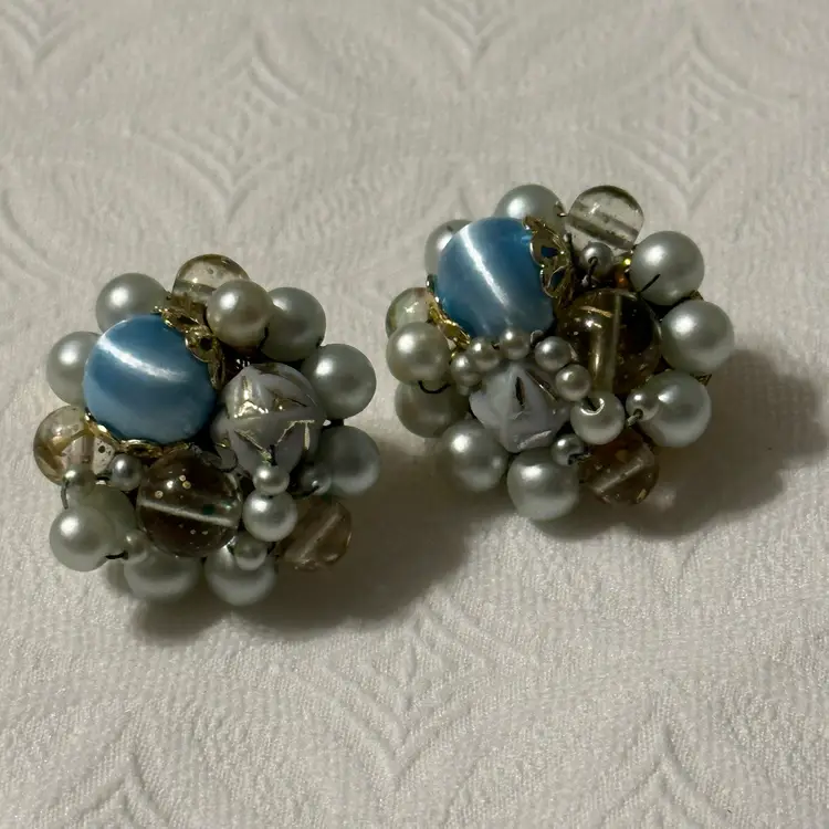 Vintage Japan Shades Blue Gold Tone Clip Earrings