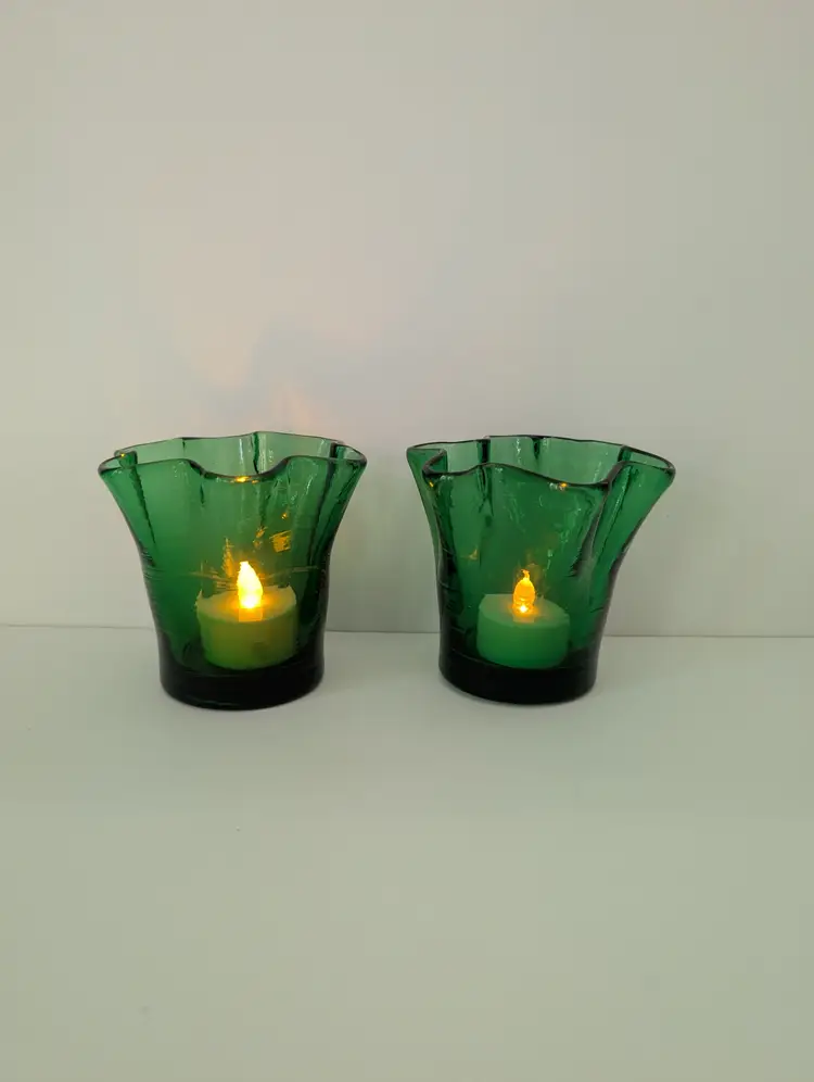 Handblown Green Glass Ruffled Handkerchief Style Votive Candle Holders Set Of 2