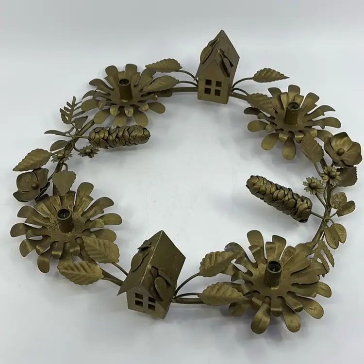 Vintage Inspired Matte Muted Goldtone Metal Wreath Narrow Taper Candle Holder 12”