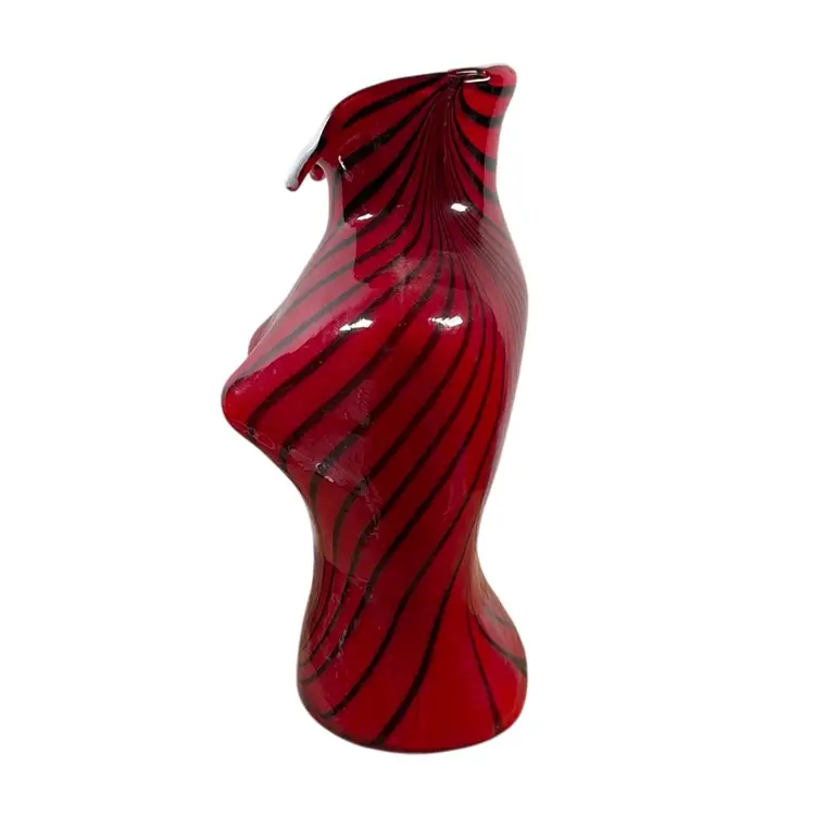 Vintage Red and Black Striped Art Glass Torso Vase 11.5” x 7.5”