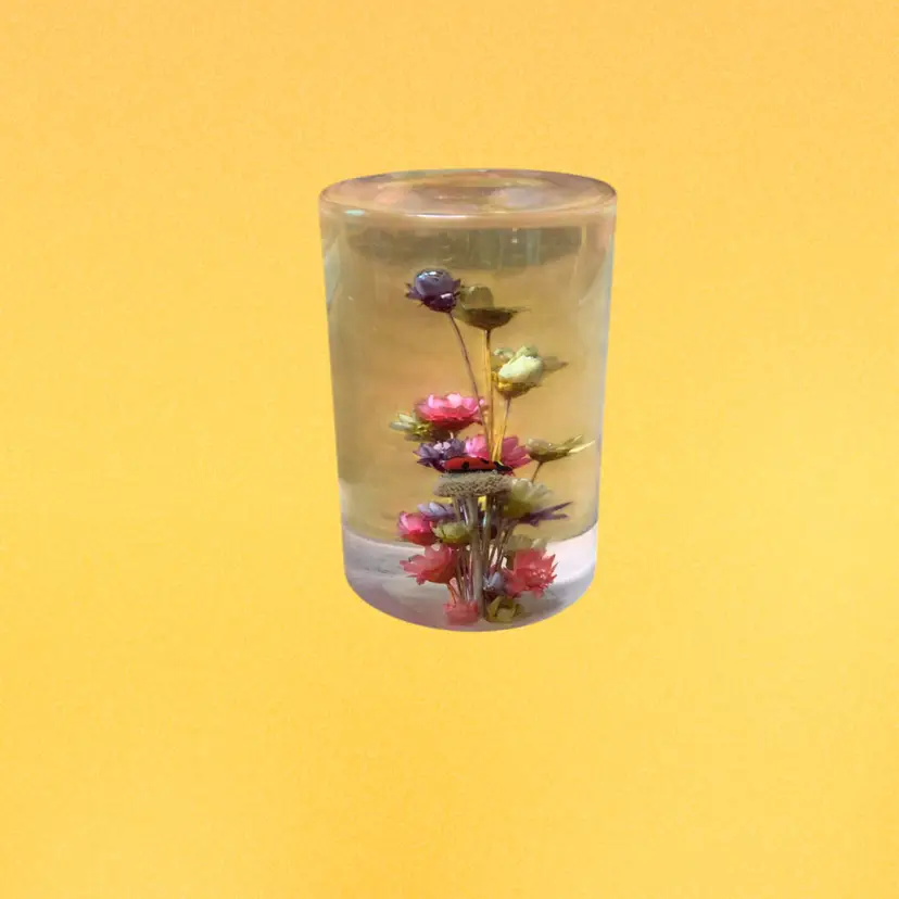 06. Vintage Daisyglas Lucite Resin Floral Paperweight Butterfly 70s Boho Decor 3”