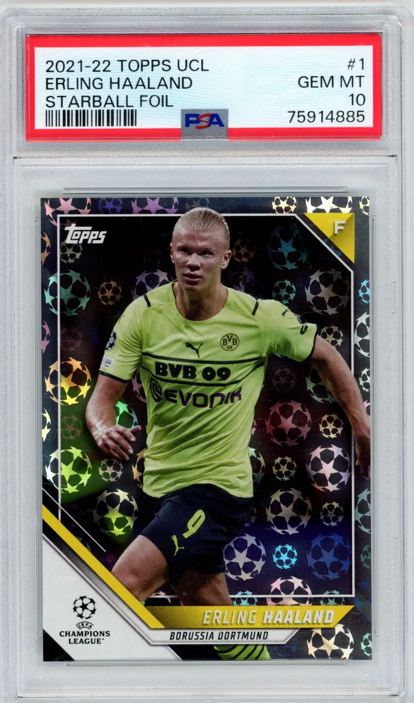 2021-22 Topps UCL ERLING HAALAND Starball Foil #1 BORUSSIA DORTMUND PSA 10 GEM MT