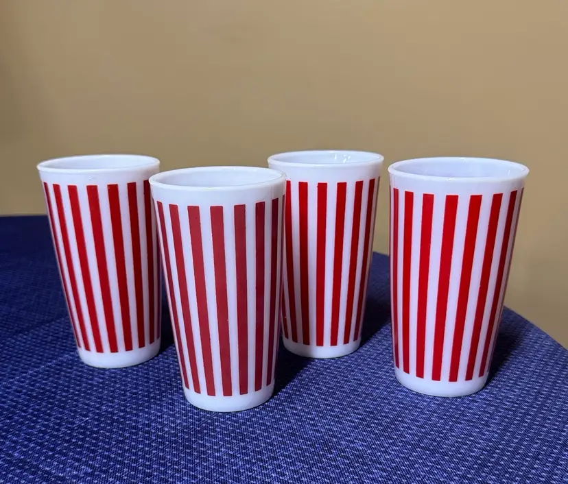 HAZEL ATLAS MILK GLASS RED CANDY STRIPE TUMBLERS Set of 4, 5” tall