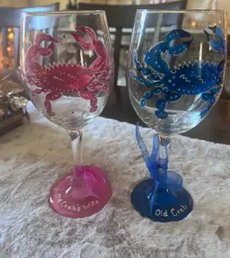Set of TWO hand painted crab wine glasses
